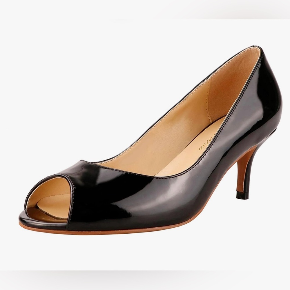 Black Patent Leather Peep-Toe Kitten Heels